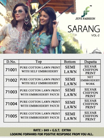 Juvi fashion Sarang vol 2 Cotton Lawn Pakistani Suits wholesaler