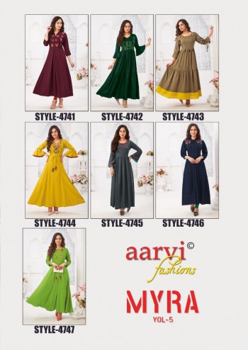 Aarvi Fashion Myra vol 5 Rayon Anarkali kurtis wholesaler