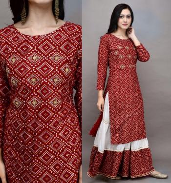 Bandhej Print Rayon Hand work Kurtis with Skirt wholesale Price