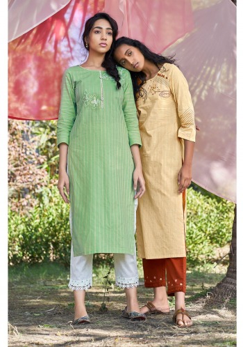 Four Button peach Cotton kurtis with pant catalog wholesaler