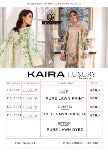 Keval Fab Kaira luxury Lawn vol 5 Pakistani Suits