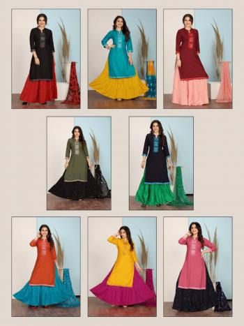 Manjeera Odhani Rayon kurtis with Skirt and Dupatta