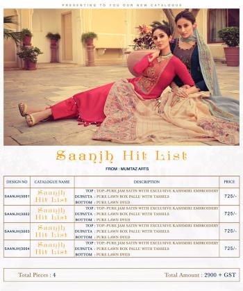 Mumtaz Arts Saanjh Hit List Jam Satin Salwar kameez Catalog