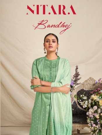 Nitara Bandhej Cotton Satin kurtis with pant and Dupatta catalog