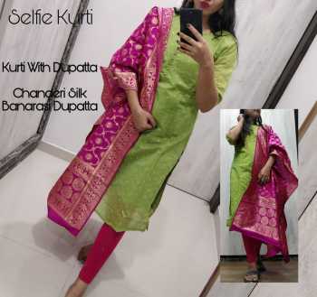 Selfie kurtis with banarasi Dupatta Unique Collection