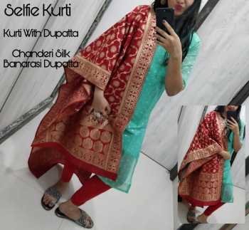 Selfie kurtis with banarasi Dupatta Unique Collection